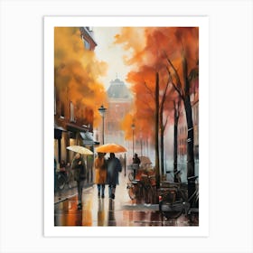 Amsterdam cafes, autumn season, rain, autumn oil colours.Faded colours,People passing on the street, winter clothes, rain umbrellas.3 2 Art Print