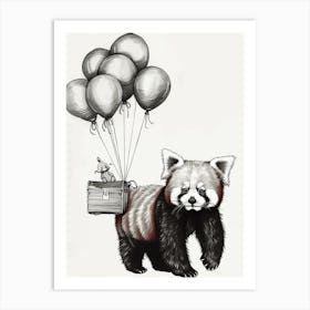 Red Panda Holding Balloons Ink Illustration 4 Art Print