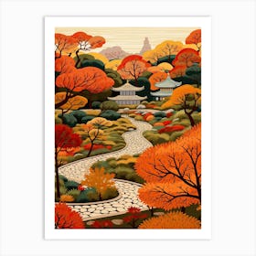Ryoan Ji Garden, Japan In Autumn Fall Illustration 0 Art Print