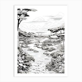 Iriomote Island In Okinawa, Ukiyo E Black And White Line Art Drawing 4 Art Print