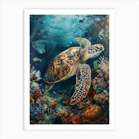 Turtle Underwater With Fish Painting 1 Art Print