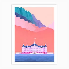 Pink Blue Purple Hotel Waterside Waterfront Mountain Inlet Architecture Art Print