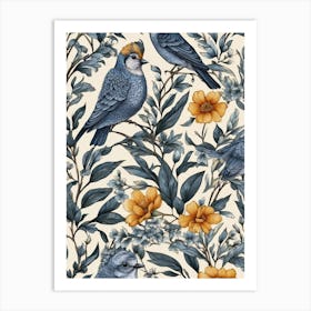 Blue Birds And Flowers Seamless Pattern Art Print