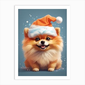 Pomeranian Dog In Santa Hat Art Print