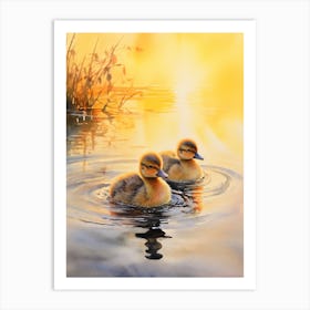 Ducks Swimming In The Lake At Sunset Watercolour 2 Art Print