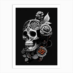 Skull With Floral 2 Patterns Orange Stream Punk Art Print