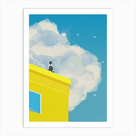 Minimal art Cat On A Roof with Beautiful Sky Art Print