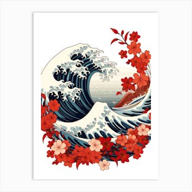 Great Wave With Poinsettia Flower Drawing In The Style Of Ukiyo E 2 Art Print