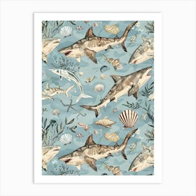 Pastel Blue Wobbegong Shark Illustrative Pattern Art Print