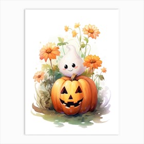Cute Ghost With Pumpkins Halloween Watercolour 5 Art Print