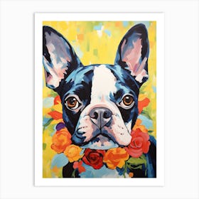 Boston Terrier Portrait With A Flower Crown, Matisse Painting Style 4 Art Print