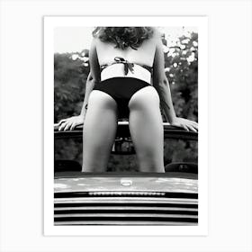 Vintage Car Bikini Classic Black And White Art Print