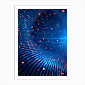 Abstract Digital Background With A Swirling Tunnel Of Blue Dots And Binary Code, Creating A Sense Of Depth And Movement With Orange Light Trails Art Print