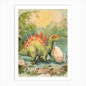 Stegosaurus Dinosaur Finds An Egg Vintage Watercolour Painting Art Print