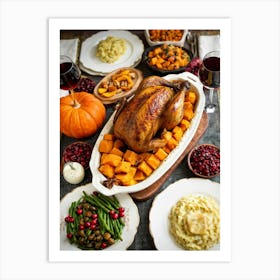 An Inviting Traditional Thanksgiving Feast Is Spread Out Highlighting A Tenderly Roasted Turkey Wit (5) 1 Art Print