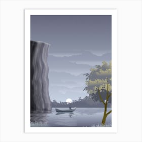 Boat Lake Moon Cliff Reflection Water Fisherman Moonlight Night Evening Tree Scene Scenic Nature Drawing Art Print