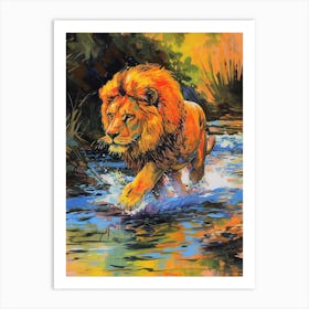 Asiatic Lion Crossing A River Fauvist Painting 2 Art Print