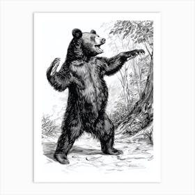 Malayan Sun Bear Dancing In The Woods Ink Illustration 2 Art Print