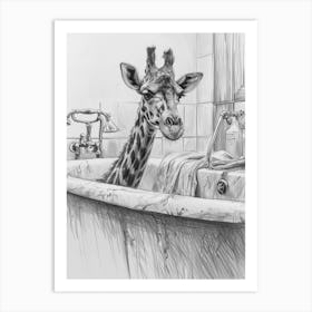 Giraffe In The Bath Pencil Drawing 3 Art Print