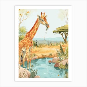 Giraffe In The Water Hole Modern Illustration 1 Art Print