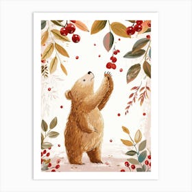 Sloth Bear Standing And Reaching For Berries Storybook Illustration 4 Art Print