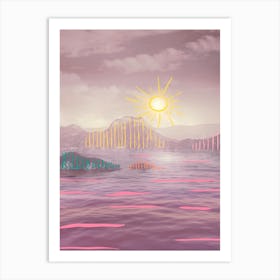 Pink Mountains With Colorful Stripes Art Print