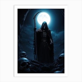 Grim Reapers Skull Emerges From An Abyss Of Bleak Darkness Clutching A Sword Dim Moonlight Castin (1) Art Print