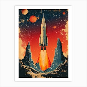 Space Odyssey: Retro Poster featuring Asteroids, Rockets, and Astronauts: Space Rocket 2 Art Print