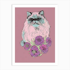 Cute Himalayan Cat With Flowers Illustration 1 Art Print