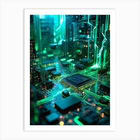 Abstract Concept Of A Cyberspace Landscape Motherboard Serving As Glowing Landscape Chips Function (7) Art Print