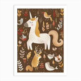 Unicorn In The Meadow With Abstract Woodland Animals 3 Art Print