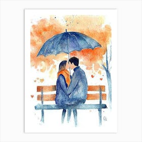 Happy Couple Lover Kissing Under The Umbrella Art Print