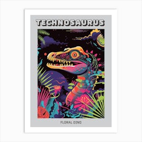 Floral Neon Dinosaur Illustration Poster Art Print