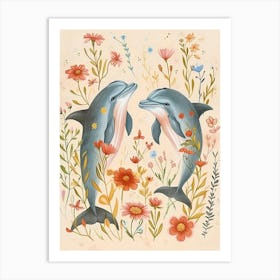 Folksy Floral Animal Drawing Dolphin 3 Art Print