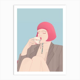 Woman Relaxed Drinking Coffee Pink Hair Art Print