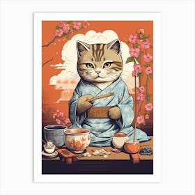Kawaii Cat Drawings Drinking Tea 3 Art Print