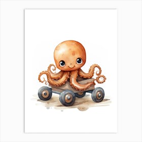 Baby Octopus On A Toy Car, Watercolour Nursery 0 Art Print