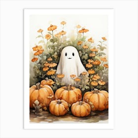 Cute Bedsheet Ghost, Botanical Halloween Watercolour 28 Art Print