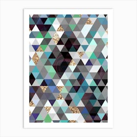 Abstract Geometric Triangle Pattern in Teal Blue and Glitter Gold n.0009 Art Print
