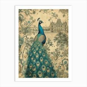 Vintage Floral Peacock With Palace In The Background 1 Art Print