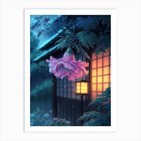 Anime Canvas Art: Vibrant Pink Flower with Raindrops in a Rainy Night Setting, Warm Lantern Glow, and Lush Leaves, Perfect for Lofi Aesthetic and Tranquil Ambience. Art Print