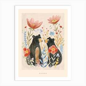Folksy Floral Animal Drawing Black Bear 2 Poster Art Print