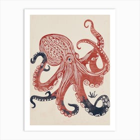 Red & Blue Octopus Retro Linocut Inspired 2 Art Print
