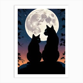 Silhouette Of Two Cats Under A Full Moon Art Print