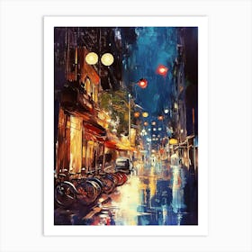 Night Scene Of A Street In City With Colorful Light Art Print