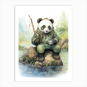 Panda Art Fishing Watercolour 4 Art Print