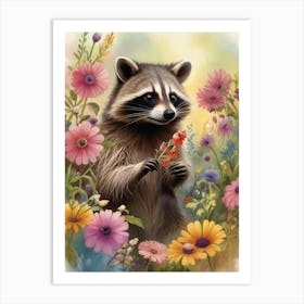 Vintage Raccoon In Flowers Art Print