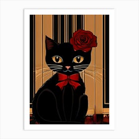 Black Cat With Red Rose Art Print