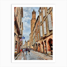 Historic European Street with Tower in Toulouse. This image depicts a bustling street in Toulouse a historic European city, characterized by its cobblestone pavement and tall, narrow buildings with shuttered windows. A prominent feature is the tall, cylindrical tower with a pointed roof, which stands out against the partly cloudy sky. The street is lively with pedestrians, some of whom are shopping or walking in groups. Various shop signs in different languages are visible, adding to the vibrant atmosphere of the scene. Art Print