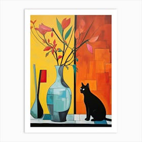Bird Of Paradise Flower Vase And A Cat, A Painting In The Style Of Matisse 1 Art Print